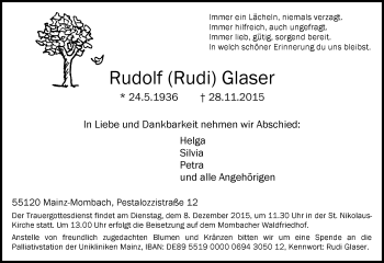 Traueranzeige von Rudolf Glaser von  Allgemeine Zeitung Mainz