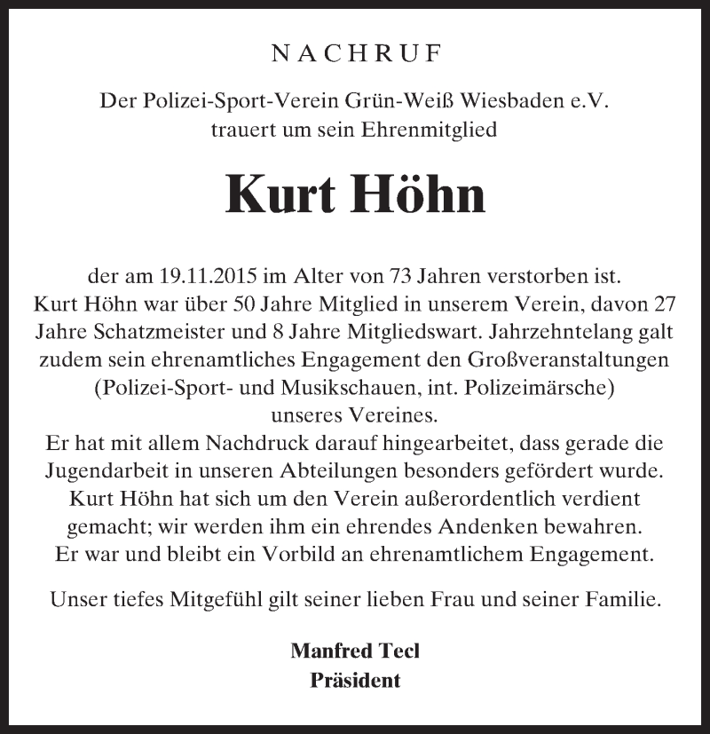 Traueranzeige für Kurt Höhn vom 04.12.2015 aus  Wiesbaden komplett