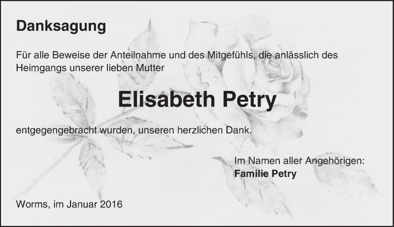  Traueranzeige für Elisabeth Petry vom 16.01.2016 aus  Wormser Zeitung