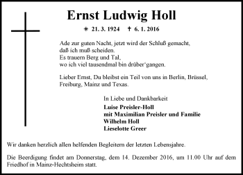 Traueranzeige von Ernst Ludwig Holl von  Allgemeine Zeitung Mainz