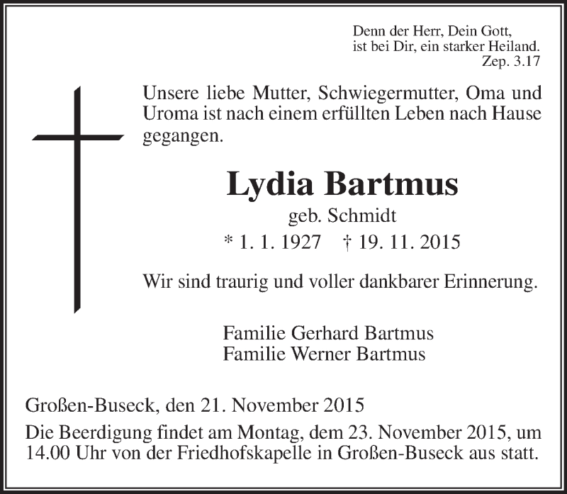  Traueranzeige für Lydia Bartmus vom 21.11.2015 aus  Gießener Anzeiger