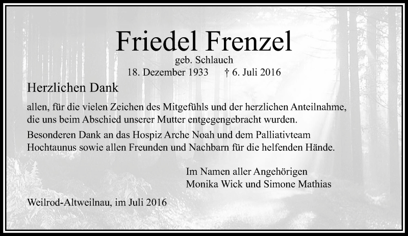  Traueranzeige für Friedel Frenzel vom 30.07.2016 aus  Usinger Anzeiger