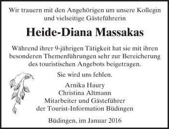 Traueranzeige von Heide-Diana Massakas von  Kreisanzeiger