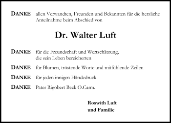 Traueranzeige von Walter Luft von  Allgemeine Zeitung Mainz