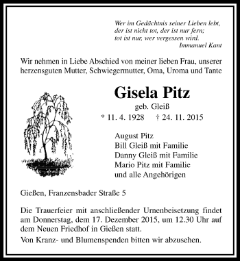 Traueranzeige von Gisela Pitz von  Gießener Anzeiger