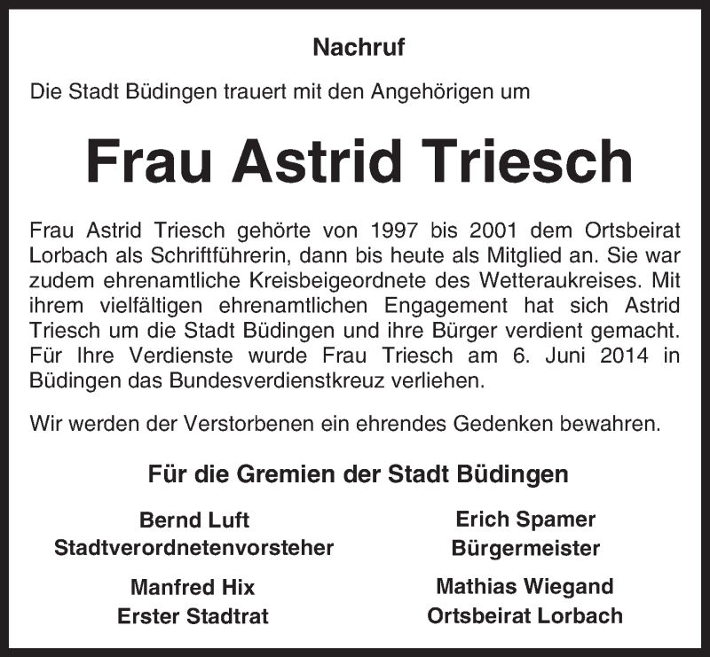  Traueranzeige für Astrid Triesch vom 09.01.2016 aus  Kreisanzeiger