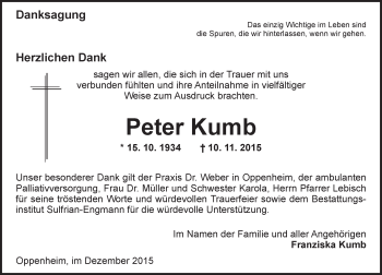 Traueranzeige von Peter Kumb von  Landskrone