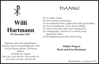 Traueranzeige von Willi Hartmann von  Mainspitze