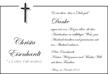 Traueranzeige von Christa Eisenhardt von  Allgemeine Zeitung Mainz