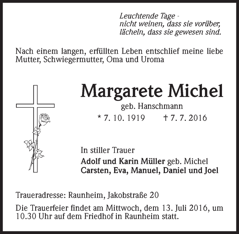  Traueranzeige für Margarete Michel vom 09.07.2016 aus Trauerportal Rhein Main Presse