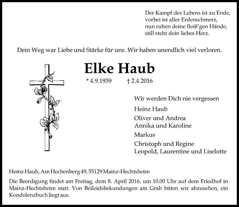  Traueranzeige für Elke Haub vom 06.04.2016 aus  Allgemeine Zeitung Mainz