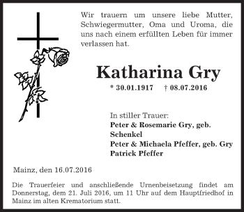 Traueranzeige von Katharina Gry von Trauerportal Rhein Main Presse
