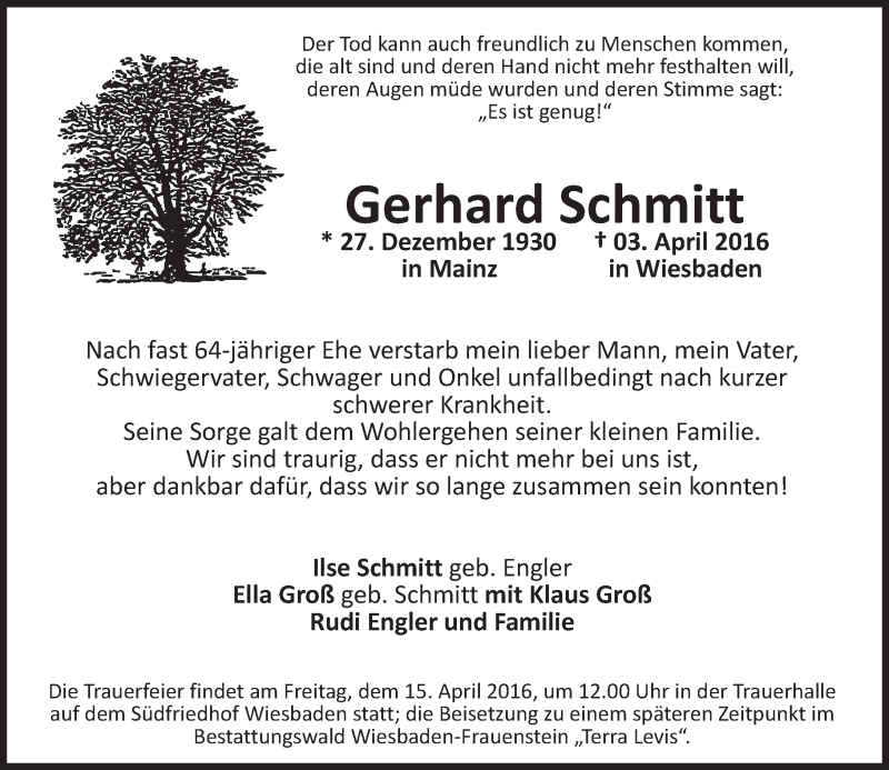  Traueranzeige für Gerhard Schmitt vom 09.04.2016 aus  Wiesbaden komplett