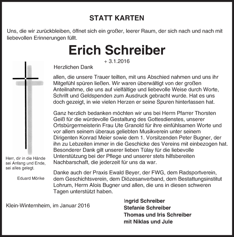  Traueranzeige für Erich Schreiber vom 30.01.2016 aus  Allgemeine Zeitung Mainz