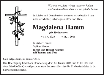 Traueranzeige von Magdalena Hamm von  Allgemeine  Zeitung Ingelheim-Bingen