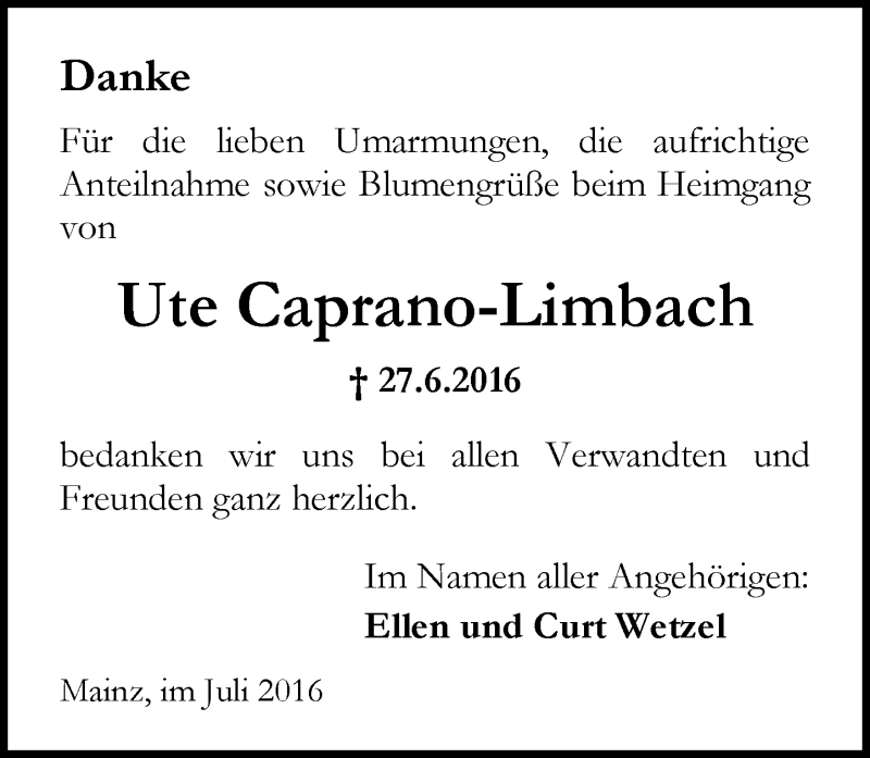  Traueranzeige für Ute Caprano-Limbach vom 16.07.2016 aus Trauerportal Rhein Main Presse