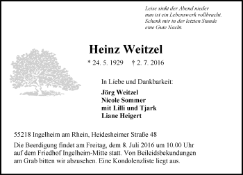 Traueranzeige von Heinz Weitzel von Trauerportal Rhein Main Presse