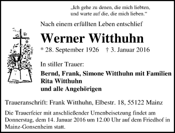 Traueranzeige von Werner Witthuhn von  Allgemeine Zeitung Mainz