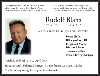 Traueranzeige von Rudolf Blaha von VRM Trauer