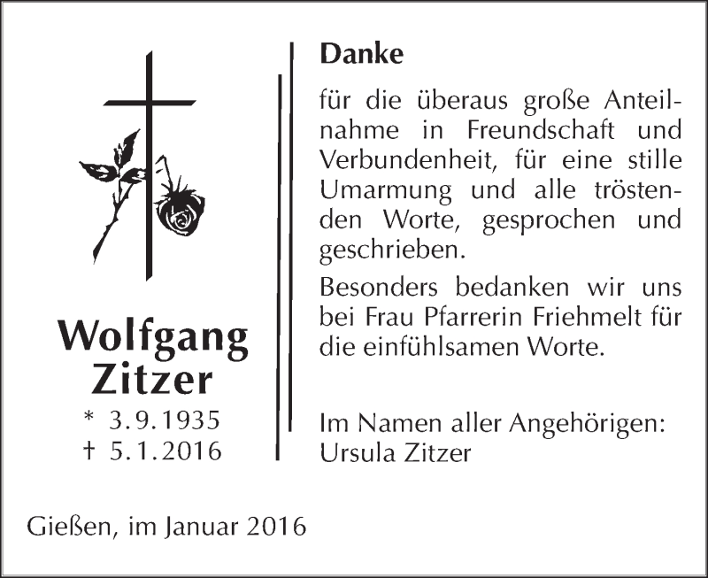  Traueranzeige für Wolfgang Zitzer vom 30.01.2016 aus  Gießener Anzeiger