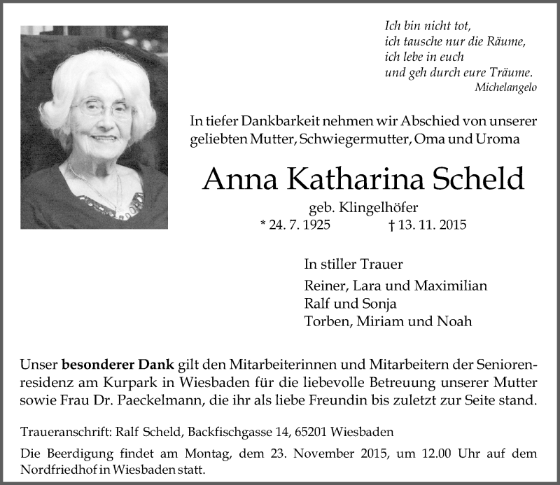  Traueranzeige für Anna Katharina Scheld vom 18.11.2015 aus  Wiesbaden komplett