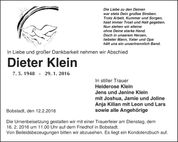 Traueranzeige von Dieter Klein von  Bürstädter Zeitung