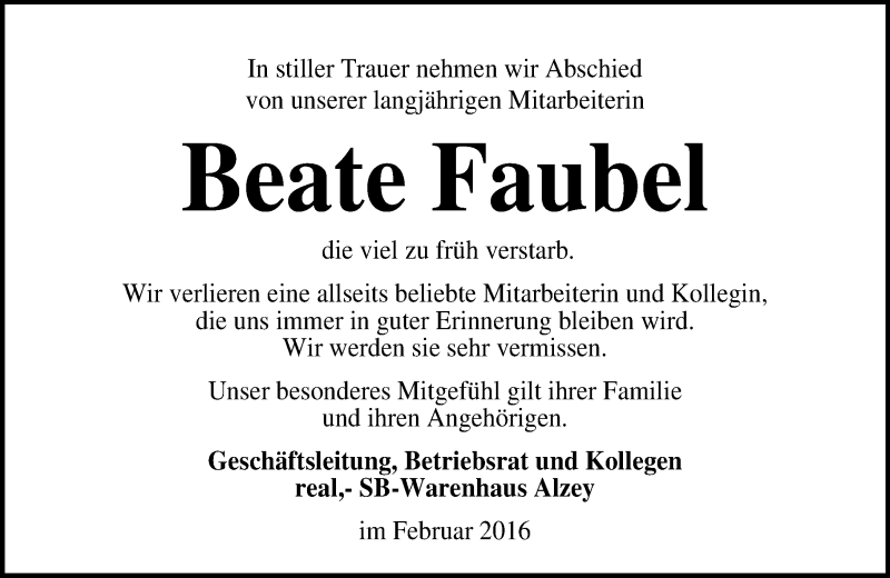  Traueranzeige für Beate Faubel vom 01.02.2016 aus trauer.rmp.de