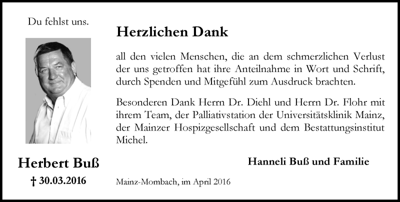  Traueranzeige für Herbert Buß vom 23.04.2016 aus  Allgemeine Zeitung Mainz