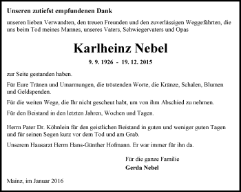 Traueranzeige von Karlheinz Nebel von  Allgemeine Zeitung Mainz