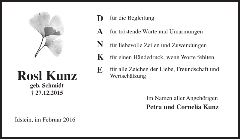  Traueranzeige für Rosl Kunz vom 06.02.2016 aus  Idsteiner Zeitung