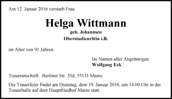 Traueranzeige von Helga Wittmann von  Allgemeine Zeitung Mainz