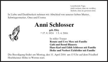 Traueranzeige von Anni Schlosser von  Wormser Zeitung