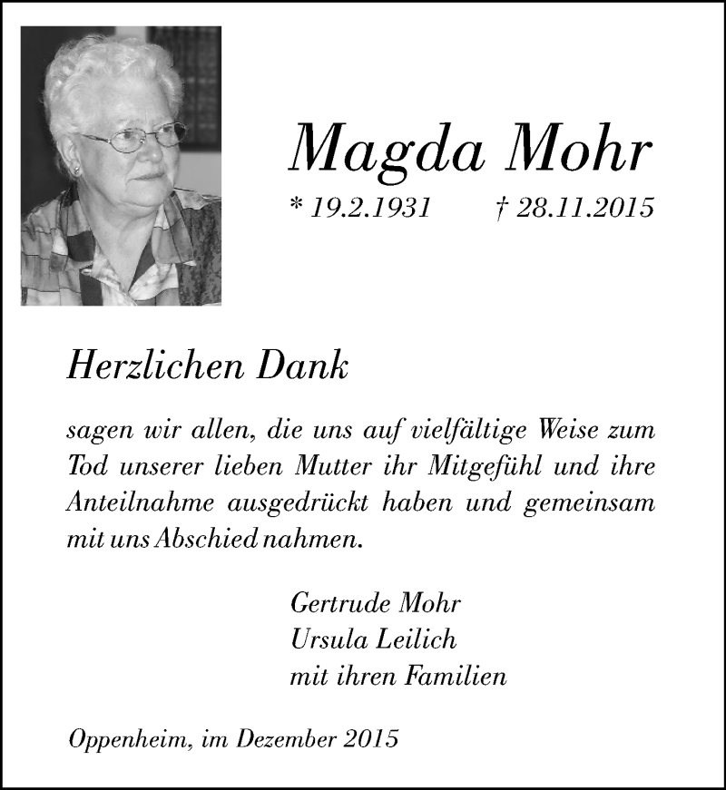  Traueranzeige für Magda Mohr vom 24.12.2015 aus  Landskrone