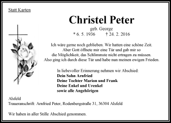 Traueranzeige von Christel Peter von VRM Trauer