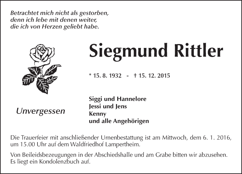  Traueranzeige für Siegmund Rittler vom 02.01.2016 aus  Bürstädter Zeitung