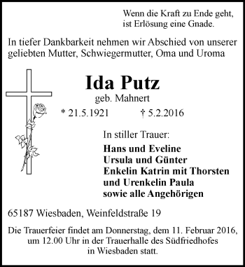 Traueranzeige von Ida Putz von  Wiesbaden komplett
