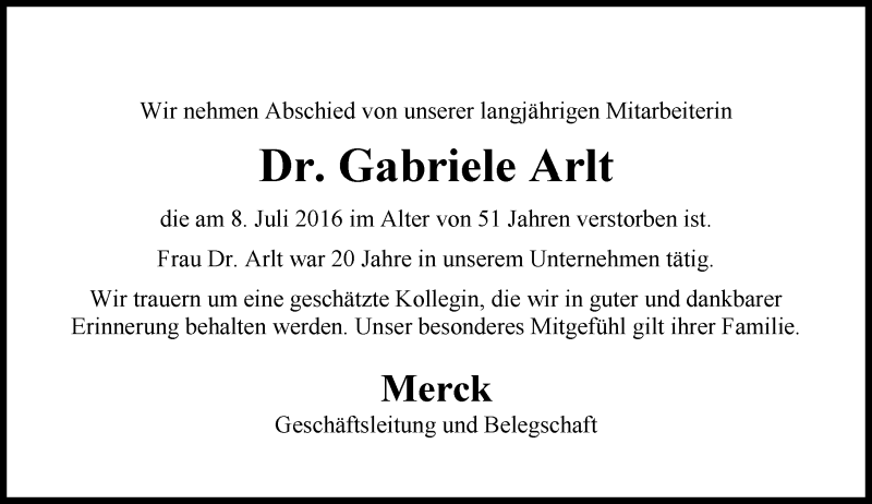  Traueranzeige für Gabriele Arlt vom 14.07.2016 aus Trauerportal Echo Online