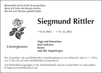 Traueranzeige von Siegmund Rittler von  Bürstädter Zeitung