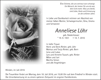 Traueranzeige von Anneliese Löhr von  Usinger Anzeiger