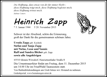 Traueranzeige von Heinrich Zapp von  Idsteiner Zeitung