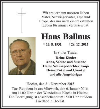 Traueranzeige von Hans Ballnus von  Gelnhäuser Tageblatt