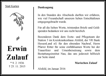Traueranzeige von Erwin Zulauf von  OK Oberhessen Kurier
