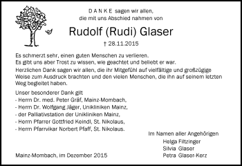 Traueranzeige von Rudolf Glaser von  Allgemeine Zeitung Mainz