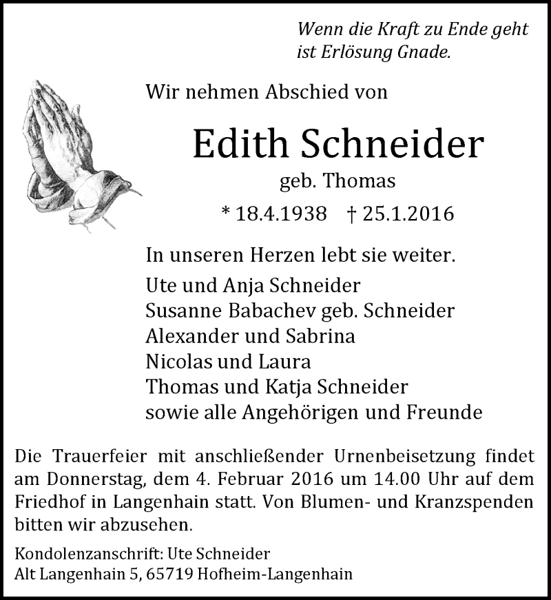  Traueranzeige für Edith Schneider vom 29.01.2016 aus  Hofheimer Zeitung