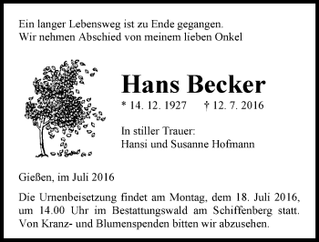 Traueranzeige von Hans Becker von  Gießener Anzeiger