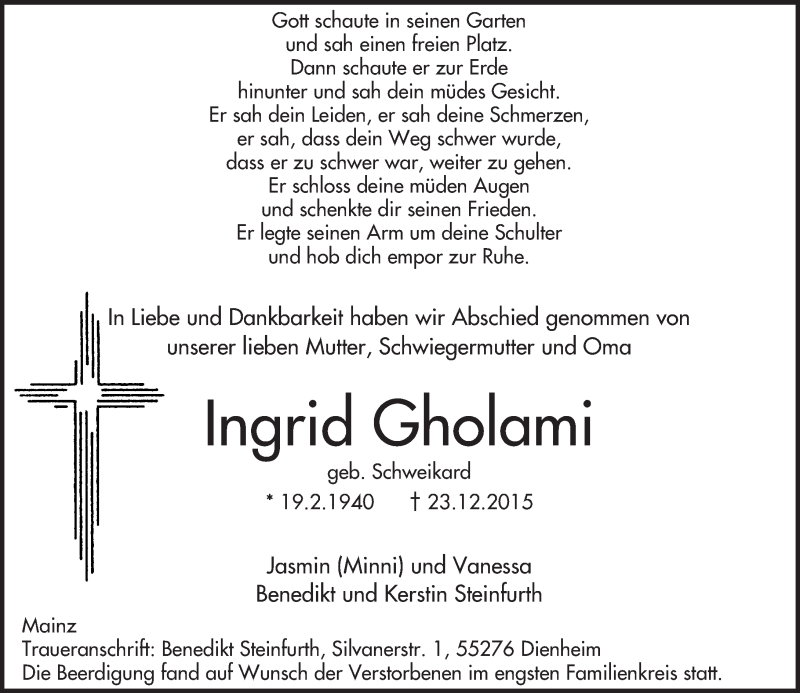  Traueranzeige für Ingrid Gholami vom 02.01.2016 aus  Allgemeine Zeitung Mainz
