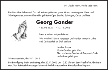Traueranzeige von Georg Gander von  Wormser Zeitung