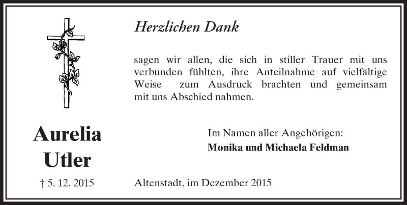 Traueranzeige für Aurelia Utler vom 24.12.2015 aus  Sonntags Anzeiger