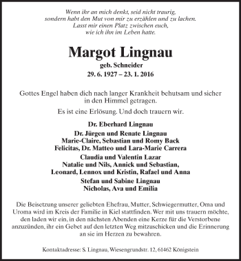 Traueranzeige von Margot Lingnau von  Hofheimer Zeitung