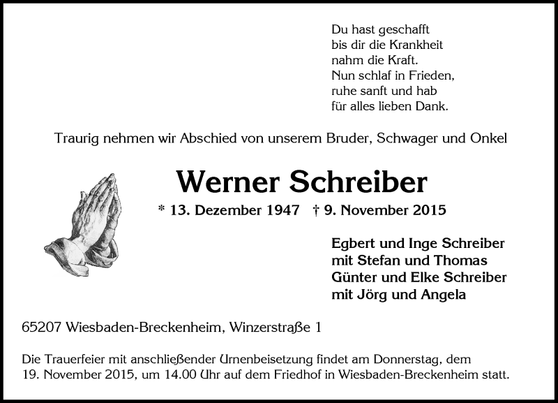  Traueranzeige für Werner Schreiber vom 14.11.2015 aus  Wiesbaden komplett